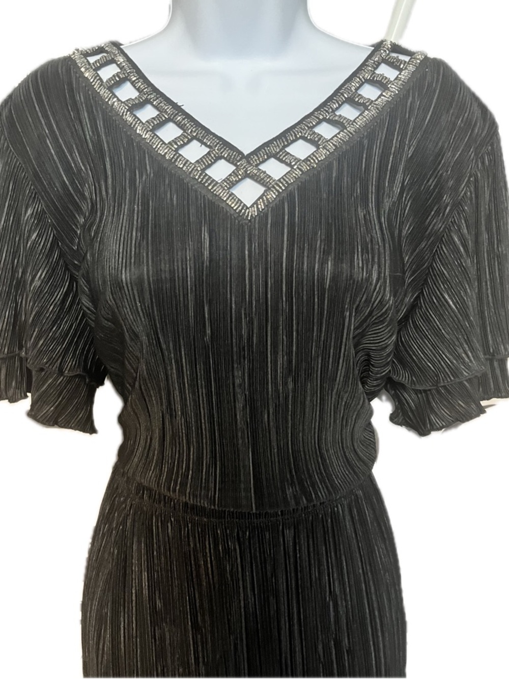 Vintage Black Pleated 2-Piece Top and Skirt with Beaded Trim and Flutter Sleeves
